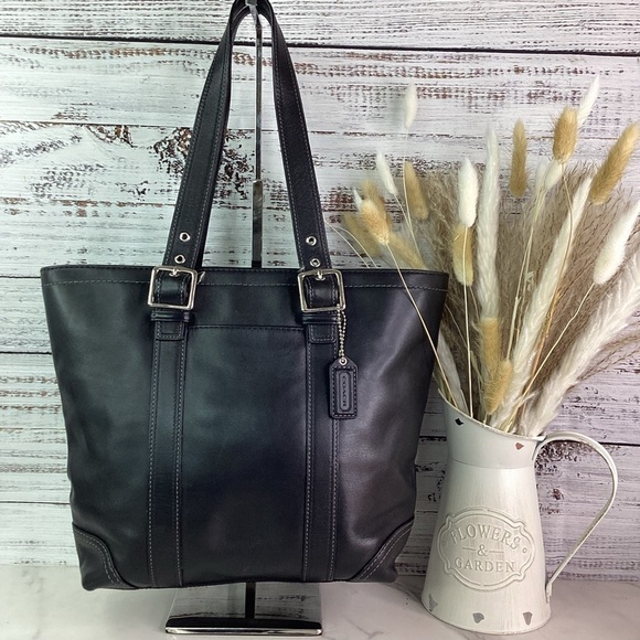 COACH VINTAGE HAMPTON BLACK SHOULDER BAG TOTE SMOOTH LEATHER PURSE WORK LAPTOP - Picture 1 of 13